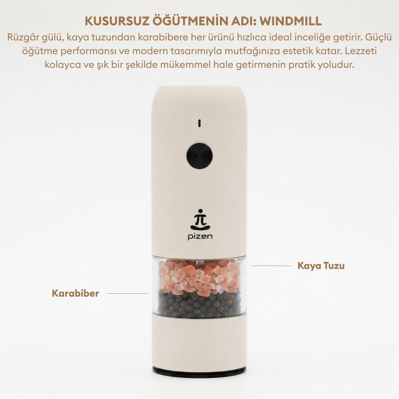 Pizen Windmill Şarjlı Otomatik Baharat Öğütücü LED Işıklı Ayarlanabilir Tuz Karabiber Baharat Değirmeni Bej - 7