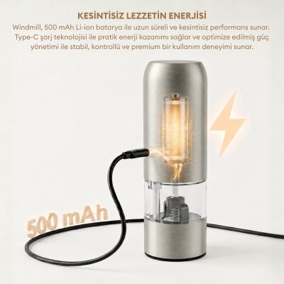 Pizen Windmill Şarjlı Otomatik Baharat Öğütücü LED Işıklı Ayarlanabilir Tuz Karabiber Baharat Değirmeni Gümüş - 3