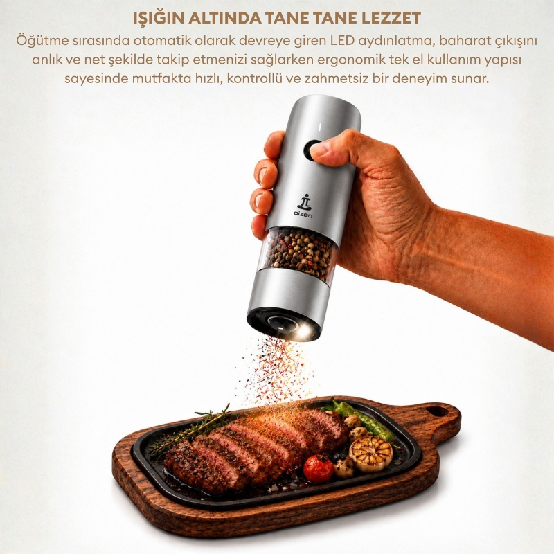 Pizen Windmill Şarjlı Otomatik Baharat Öğütücü LED Işıklı Ayarlanabilir Tuz Karabiber Baharat Değirmeni Gümüş - 5