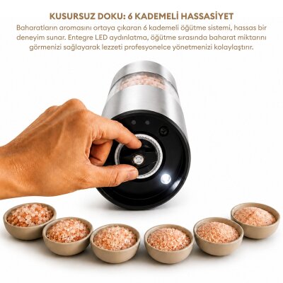 Pizen Windmill Şarjlı Otomatik Baharat Öğütücü LED Işıklı Ayarlanabilir Tuz Karabiber Baharat Değirmeni Gümüş - 6