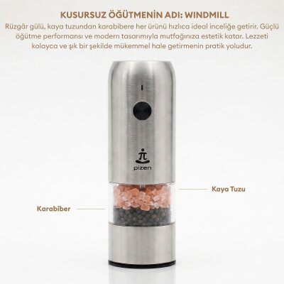 Pizen Windmill Şarjlı Otomatik Baharat Öğütücü LED Işıklı Ayarlanabilir Tuz Karabiber Baharat Değirmeni Gümüş - 7