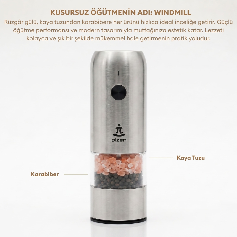 Pizen Windmill Şarjlı Otomatik Baharat Öğütücü LED Işıklı Ayarlanabilir Tuz Karabiber Baharat Değirmeni Gümüş - 7
