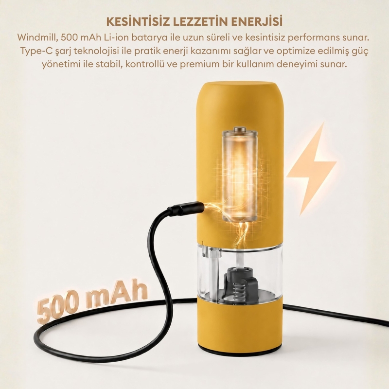 Pizen Windmill Şarjlı Otomatik Baharat Öğütücü LED Işıklı Ayarlanabilir Tuz Karabiber Baharat Değirmeni Sarı - 3
