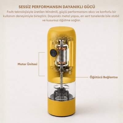 Pizen Windmill Şarjlı Otomatik Baharat Öğütücü LED Işıklı Ayarlanabilir Tuz Karabiber Baharat Değirmeni Sarı - 4