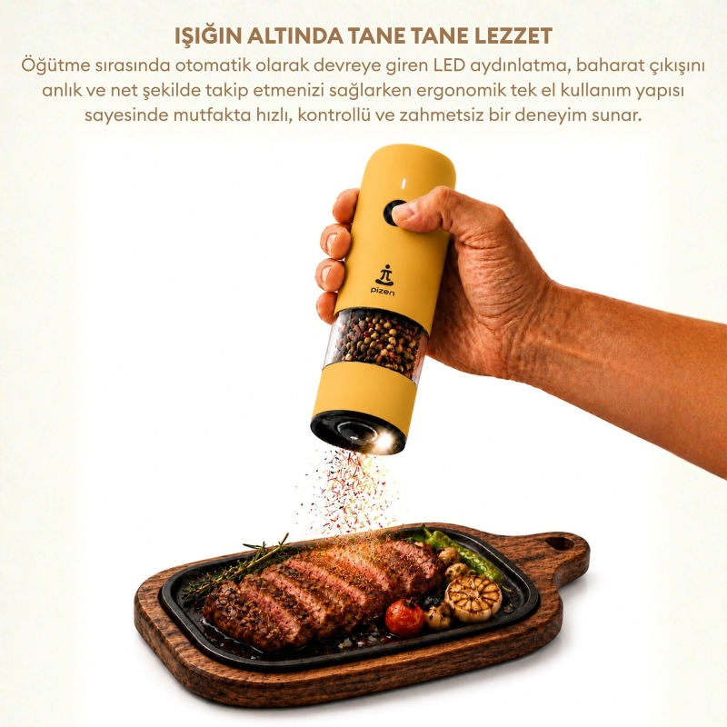 Pizen Windmill Şarjlı Otomatik Baharat Öğütücü LED Işıklı Ayarlanabilir Tuz Karabiber Baharat Değirmeni Sarı - 5