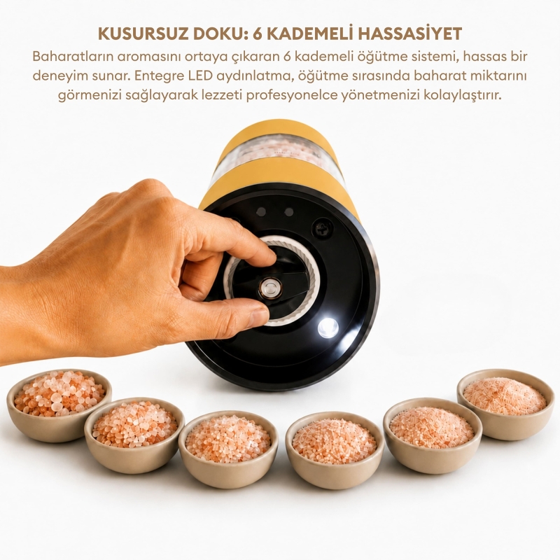 Pizen Windmill Şarjlı Otomatik Baharat Öğütücü LED Işıklı Ayarlanabilir Tuz Karabiber Baharat Değirmeni Sarı - 6