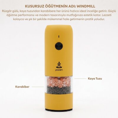 Pizen Windmill Şarjlı Otomatik Baharat Öğütücü LED Işıklı Ayarlanabilir Tuz Karabiber Baharat Değirmeni Sarı - 7