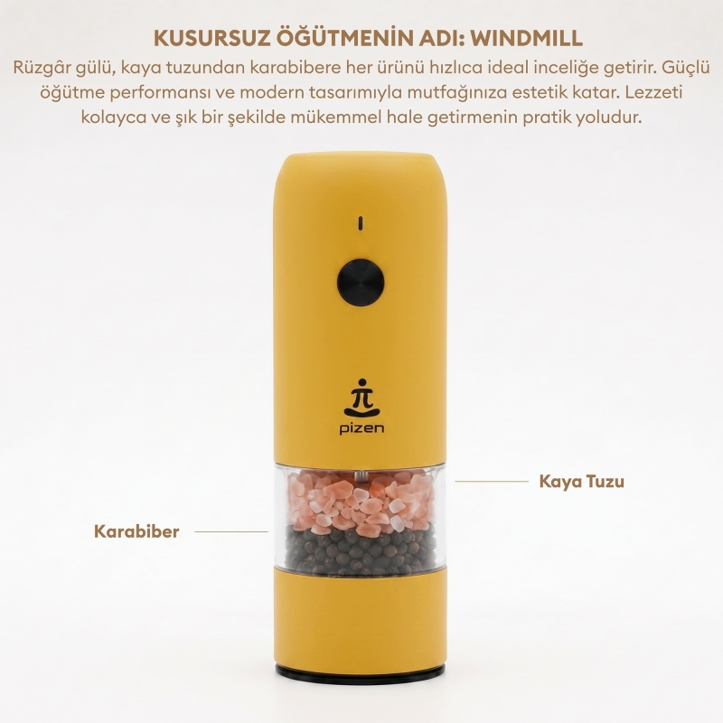Pizen Windmill Şarjlı Otomatik Baharat Öğütücü LED Işıklı Ayarlanabilir Tuz Karabiber Baharat Değirmeni Sarı - 7