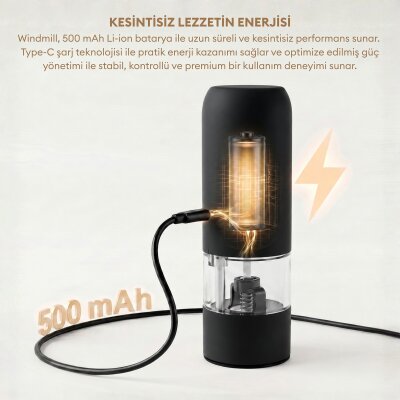 Pizen Windmill Şarjlı Otomatik Baharat Öğütücü LED Işıklı Ayarlanabilir Tuz Karabiber Baharat Değirmeni Siyah - 3