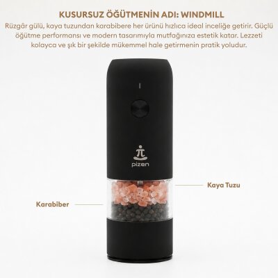 Pizen Windmill Şarjlı Otomatik Baharat Öğütücü LED Işıklı Ayarlanabilir Tuz Karabiber Baharat Değirmeni Siyah - 7