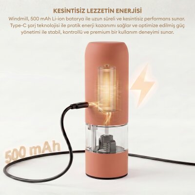 Pizen Windmill Şarjlı Otomatik Baharat Öğütücü LED Işıklı Ayarlanabilir Tuz Karabiber Baharat Değirmeni Turuncu - 3