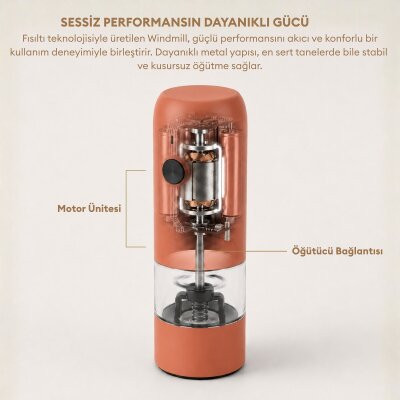 Pizen Windmill Şarjlı Otomatik Baharat Öğütücü LED Işıklı Ayarlanabilir Tuz Karabiber Baharat Değirmeni Turuncu - 4