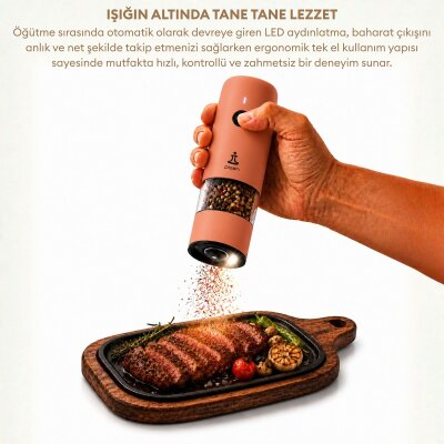 Pizen Windmill Şarjlı Otomatik Baharat Öğütücü LED Işıklı Ayarlanabilir Tuz Karabiber Baharat Değirmeni Turuncu - 5