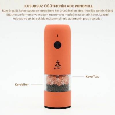 Pizen Windmill Şarjlı Otomatik Baharat Öğütücü LED Işıklı Ayarlanabilir Tuz Karabiber Baharat Değirmeni Turuncu - 7