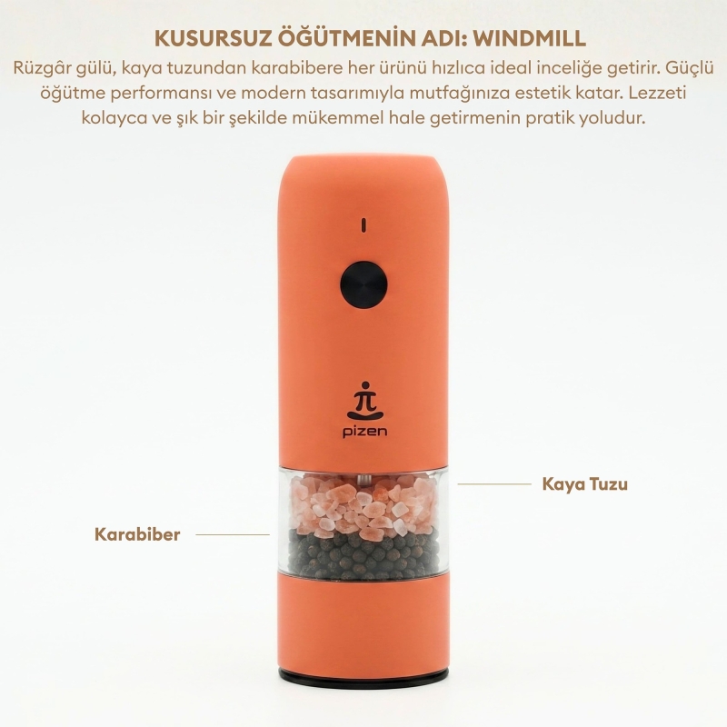 Pizen Windmill Şarjlı Otomatik Baharat Öğütücü LED Işıklı Ayarlanabilir Tuz Karabiber Baharat Değirmeni Turuncu - 7