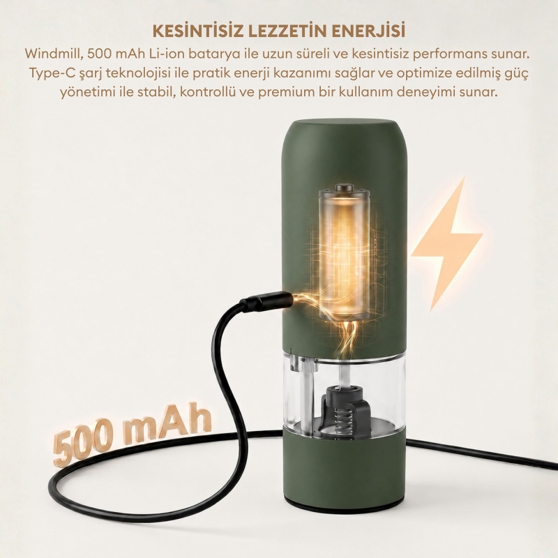 Pizen Windmill Şarjlı Otomatik Baharat Öğütücü LED Işıklı Ayarlanabilir Tuz Karabiber Baharat Değirmeni Yeşil - 3