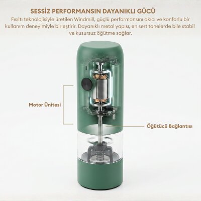 Pizen Windmill Şarjlı Otomatik Baharat Öğütücü LED Işıklı Ayarlanabilir Tuz Karabiber Baharat Değirmeni Yeşil - 4