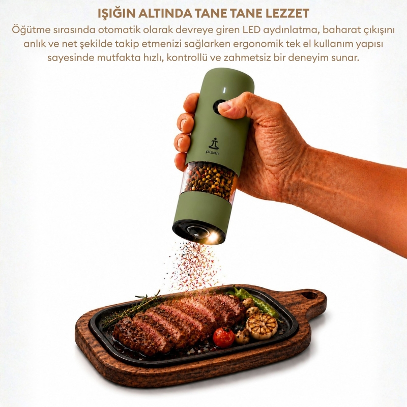 Pizen Windmill Şarjlı Otomatik Baharat Öğütücü LED Işıklı Ayarlanabilir Tuz Karabiber Baharat Değirmeni Yeşil - 5