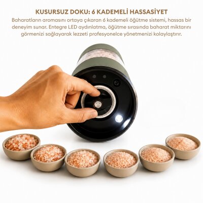 Pizen Windmill Şarjlı Otomatik Baharat Öğütücü LED Işıklı Ayarlanabilir Tuz Karabiber Baharat Değirmeni Yeşil - 6