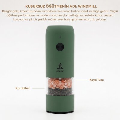 Pizen Windmill Şarjlı Otomatik Baharat Öğütücü LED Işıklı Ayarlanabilir Tuz Karabiber Baharat Değirmeni Yeşil - 7