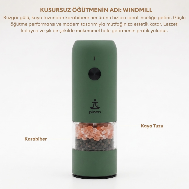 Pizen Windmill Şarjlı Otomatik Baharat Öğütücü LED Işıklı Ayarlanabilir Tuz Karabiber Baharat Değirmeni Yeşil - 7