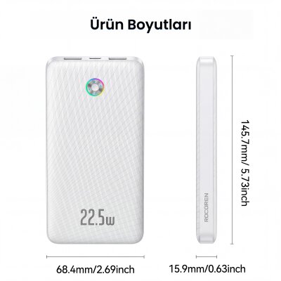 Rocoren 10000mAh 22.5W Powerbank PD Hızlı Şarj, 3 Çıkışlı USB-C + Çift USB-A Tablet ve Telefonlarla Uyumlu Taşınabilir Şarj Cihazı Beyaz - 9