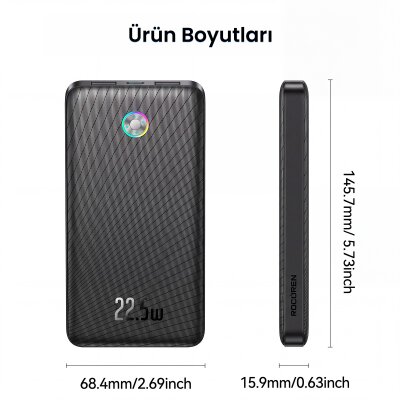 Rocoren 10000mAh 22.5W Powerbank PD Hızlı Şarj, 3 Çıkışlı USB-C + Çift USB-A Tablet ve Telefonlarla Uyumlu Taşınabilir Şarj Cihazı Siyah - 9