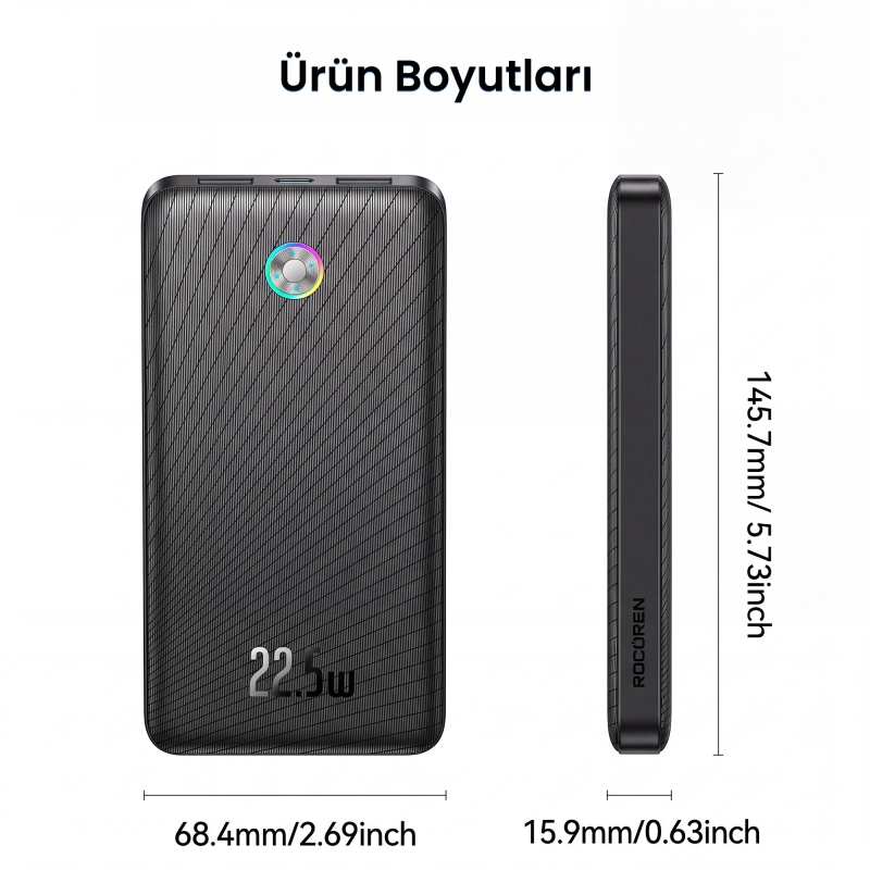Rocoren 10000mAh 22.5W Powerbank PD Hızlı Şarj, 3 Çıkışlı USB-C + Çift USB-A Tablet ve Telefonlarla Uyumlu Taşınabilir Şarj Cihazı Siyah - 9
