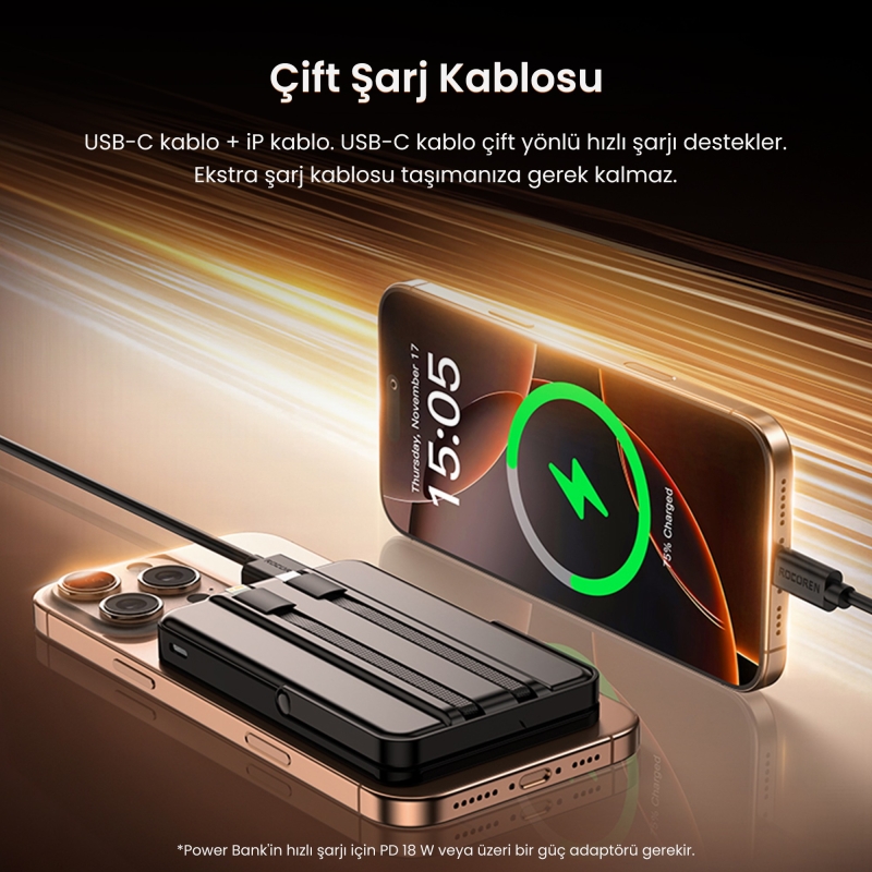 Rocoren 10000mAh MagSafe 15W Kablosuz Powerbank Lightning ve Type-C 22.5W Kablolu Standlı Taşınabilir Hızlı Şarj Cihazı - 3