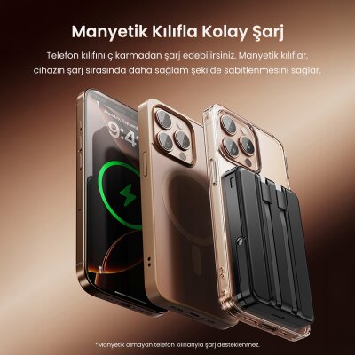 Rocoren 10000mAh MagSafe 15W Kablosuz Powerbank Lightning ve Type-C 22.5W Kablolu Standlı Taşınabilir Hızlı Şarj Cihazı - 4
