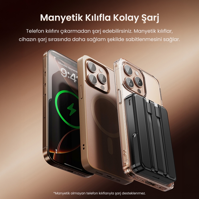 Rocoren 10000mAh MagSafe 15W Kablosuz Powerbank Lightning ve Type-C 22.5W Kablolu Standlı Taşınabilir Hızlı Şarj Cihazı - 4