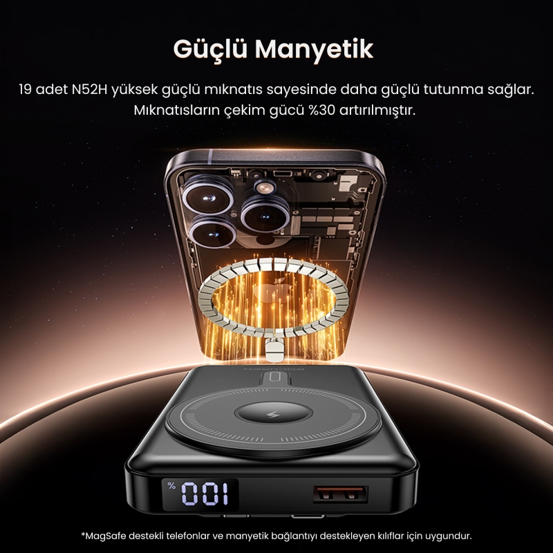 Rocoren 10000mAh MagSafe 15W Kablosuz Powerbank Lightning ve Type-C 22.5W Kablolu Standlı Taşınabilir Hızlı Şarj Cihazı - 7