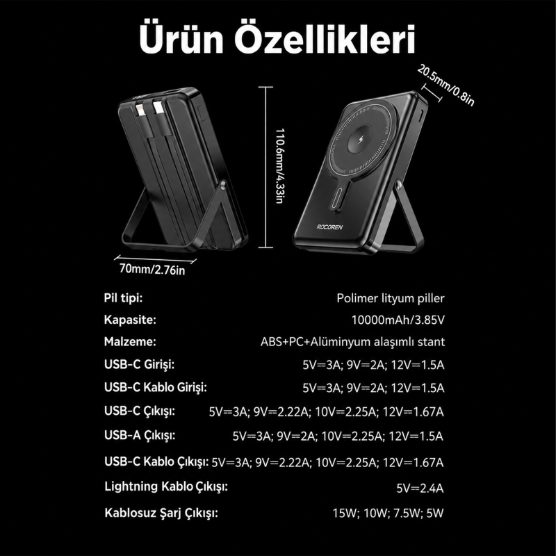 Rocoren 10000mAh MagSafe 15W Kablosuz Powerbank Lightning ve Type-C 22.5W Kablolu Standlı Taşınabilir Hızlı Şarj Cihazı - 9