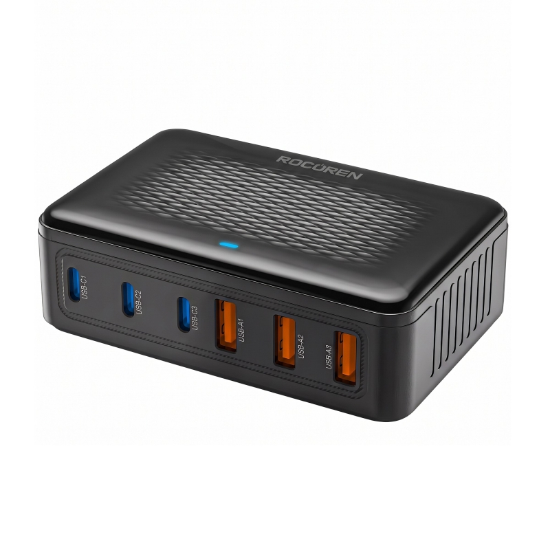 Rocoren 100W GaN 6 Portlu 3*Type-C 3*USB-A Masaüstü Hızlı Şarj İstasyonu Telefon, Tablet Uyumlu Çoklu Cihaz Şarj Aleti - 1