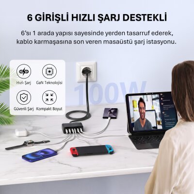 Rocoren 100W GaN 6 Portlu 3*Type-C 3*USB-A Masaüstü Hızlı Şarj İstasyonu Telefon, Tablet Uyumlu Çoklu Cihaz Şarj Aleti - 2