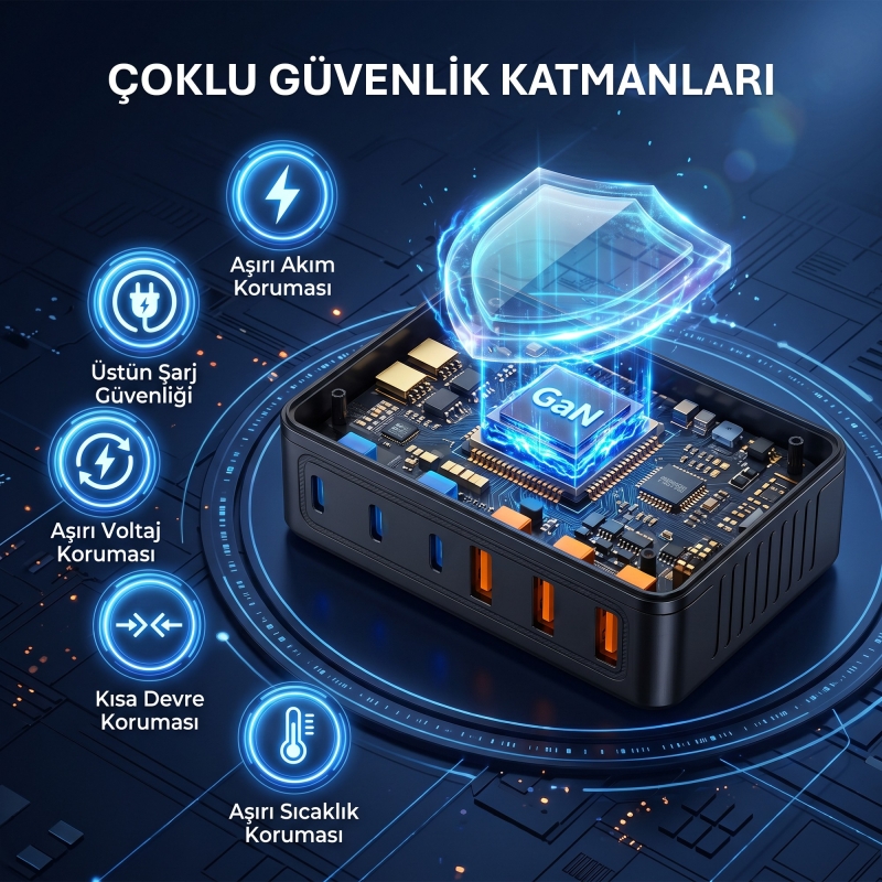 Rocoren 100W GaN 6 Portlu 3*Type-C 3*USB-A Masaüstü Hızlı Şarj İstasyonu Telefon, Tablet Uyumlu Çoklu Cihaz Şarj Aleti - 6