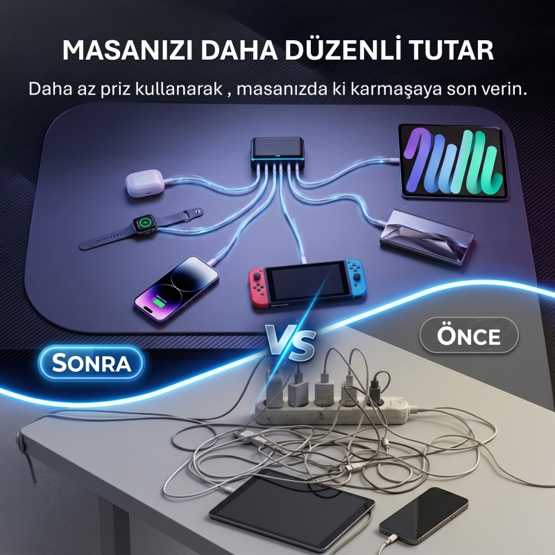 Rocoren 100W GaN 6 Portlu 3*Type-C 3*USB-A Masaüstü Hızlı Şarj İstasyonu Telefon, Tablet Uyumlu Çoklu Cihaz Şarj Aleti - 7