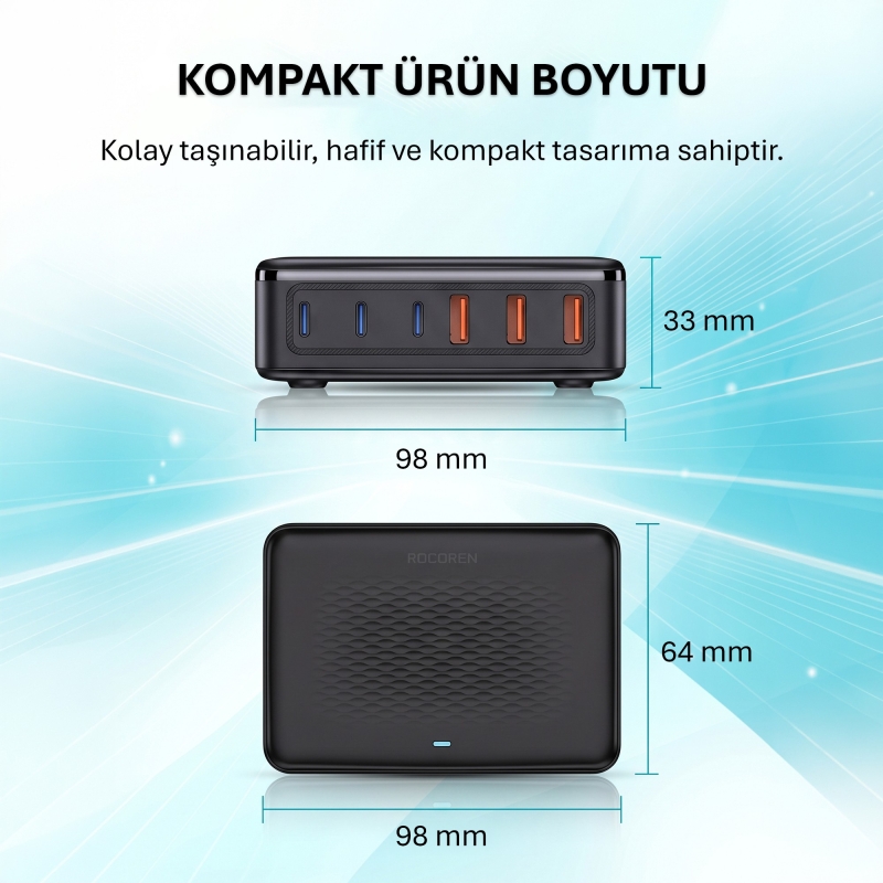 Rocoren 100W GaN 6 Portlu 3*Type-C 3*USB-A Masaüstü Hızlı Şarj İstasyonu Telefon, Tablet Uyumlu Çoklu Cihaz Şarj Aleti - 8