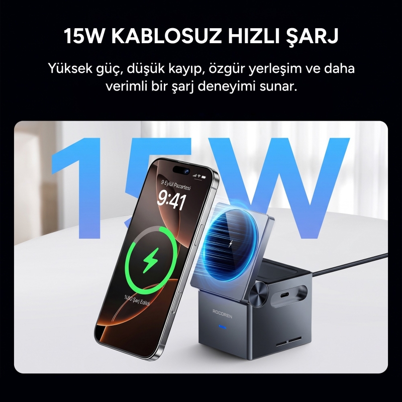 Rocoren 15W Katlanabilir iPhone Airpods Apple Watch MagSafe Uyumlu Kablosuz Şarj Cihazı Stand - 3