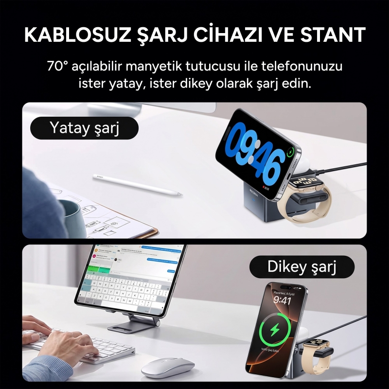 Rocoren 15W Katlanabilir iPhone Airpods Apple Watch MagSafe Uyumlu Kablosuz Şarj Cihazı Stand - 5