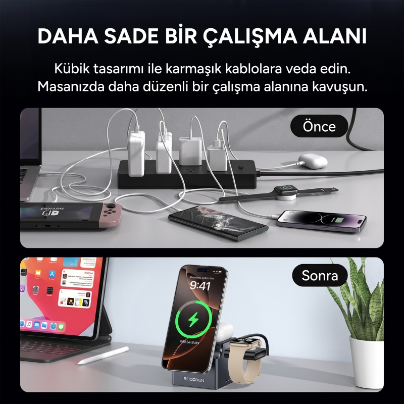 Rocoren 15W Katlanabilir iPhone Airpods Apple Watch MagSafe Uyumlu Kablosuz Şarj Cihazı Stand - 7