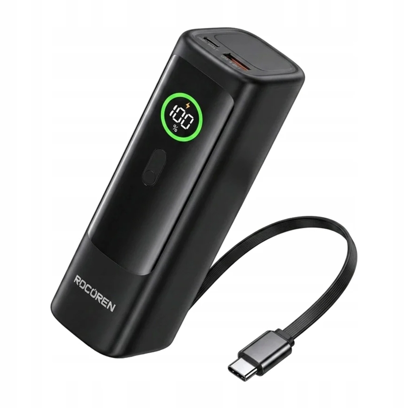 Rocoren 20000mAh 100W Powerbank Dijital Ekranlı Hızlı Şarj Dahili Type-C Kablo + USB-C + USB-A MacBook, Tablet ve Telefonlarla Uyumlu Taşınabilir Şarj Cihazı - 1