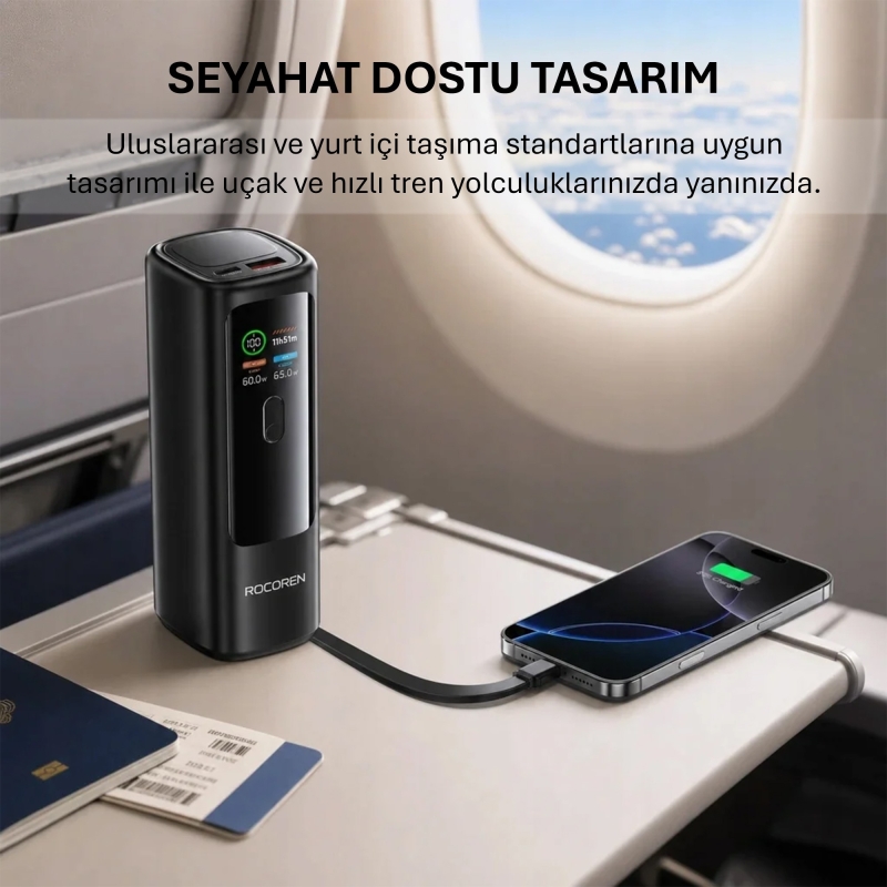 Rocoren 20000mAh 100W Powerbank Dijital Ekranlı Hızlı Şarj Dahili Type-C Kablo + USB-C + USB-A MacBook, Tablet ve Telefonlarla Uyumlu Taşınabilir Şarj Cihazı - 3