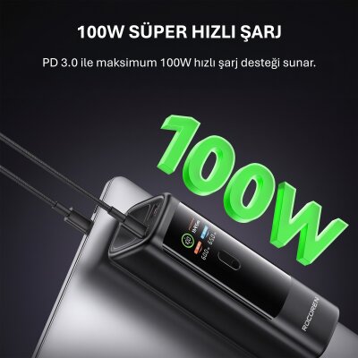 Rocoren 20000mAh 100W Powerbank Dijital Ekranlı Hızlı Şarj Dahili Type-C Kablo + USB-C + USB-A MacBook, Tablet ve Telefonlarla Uyumlu Taşınabilir Şarj Cihazı - 4