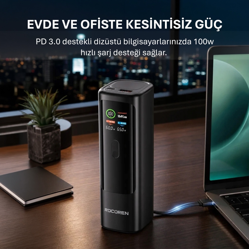Rocoren 20000mAh 100W Powerbank Dijital Ekranlı Hızlı Şarj Dahili Type-C Kablo + USB-C + USB-A MacBook, Tablet ve Telefonlarla Uyumlu Taşınabilir Şarj Cihazı - 5