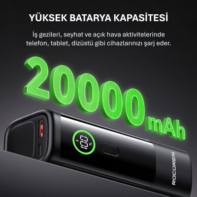 Rocoren 20000mAh 100W Powerbank Dijital Ekranlı Hızlı Şarj Dahili Type-C Kablo + USB-C + USB-A MacBook, Tablet ve Telefonlarla Uyumlu Taşınabilir Şarj Cihazı - 6