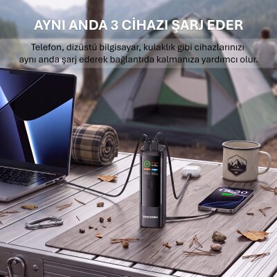 Rocoren 20000mAh 100W Powerbank Dijital Ekranlı Hızlı Şarj Dahili Type-C Kablo + USB-C + USB-A MacBook, Tablet ve Telefonlarla Uyumlu Taşınabilir Şarj Cihazı - 7