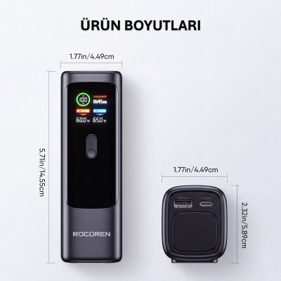 Rocoren 20000mAh 100W Powerbank Dijital Ekranlı Hızlı Şarj Dahili Type-C Kablo + USB-C + USB-A MacBook, Tablet ve Telefonlarla Uyumlu Taşınabilir Şarj Cihazı - 8