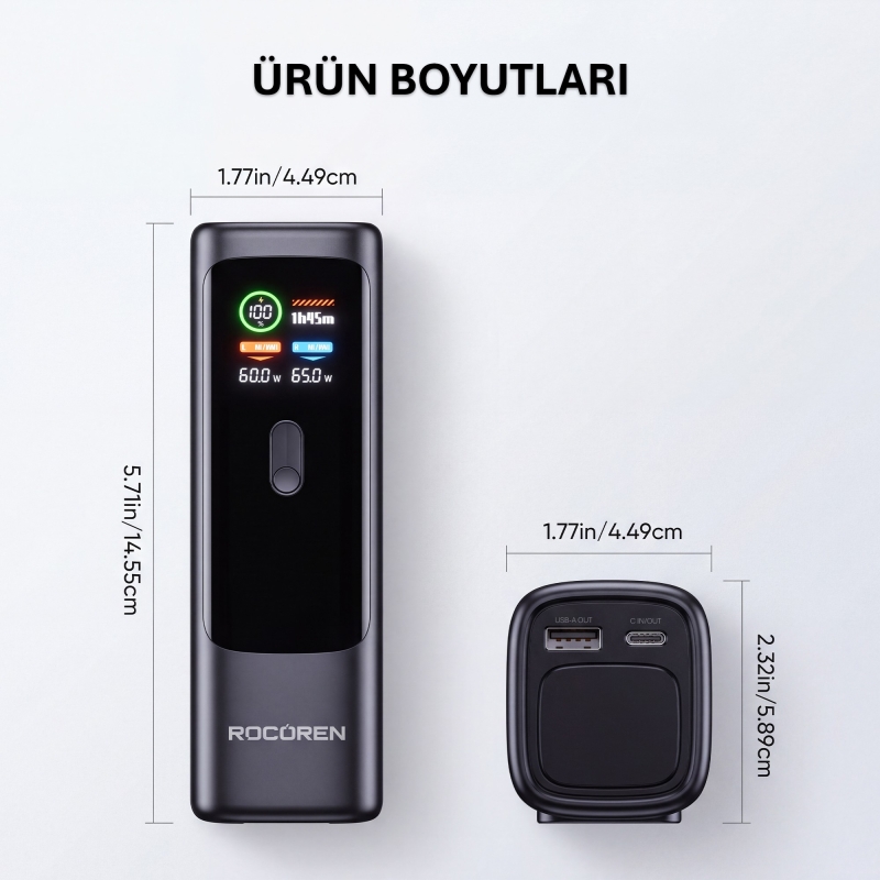 Rocoren 20000mAh 100W Powerbank Dijital Ekranlı Hızlı Şarj Dahili Type-C Kablo + USB-C + USB-A MacBook, Tablet ve Telefonlarla Uyumlu Taşınabilir Şarj Cihazı - 8