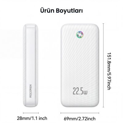 Rocoren 20000mAh 22.5W Powerbank PD Hızlı Şarj, 3 Çıkışlı USB-C + Çift USB-A Tablet ve Telefonlarla Uyumlu Taşınabilir Şarj Cihazı Beyaz - 9